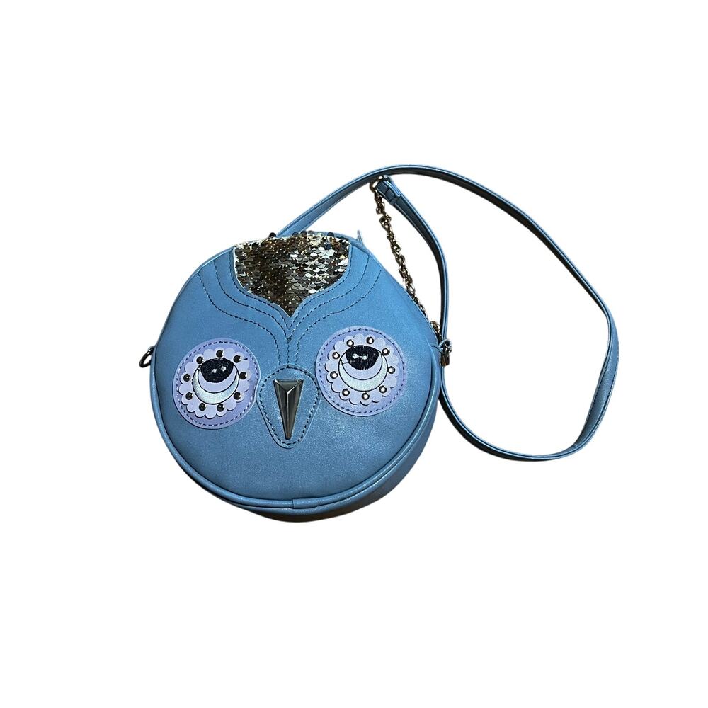 Olivia Miller Blue Faux Leather Owl Crossbody Bag Sequin Detail | 7”
